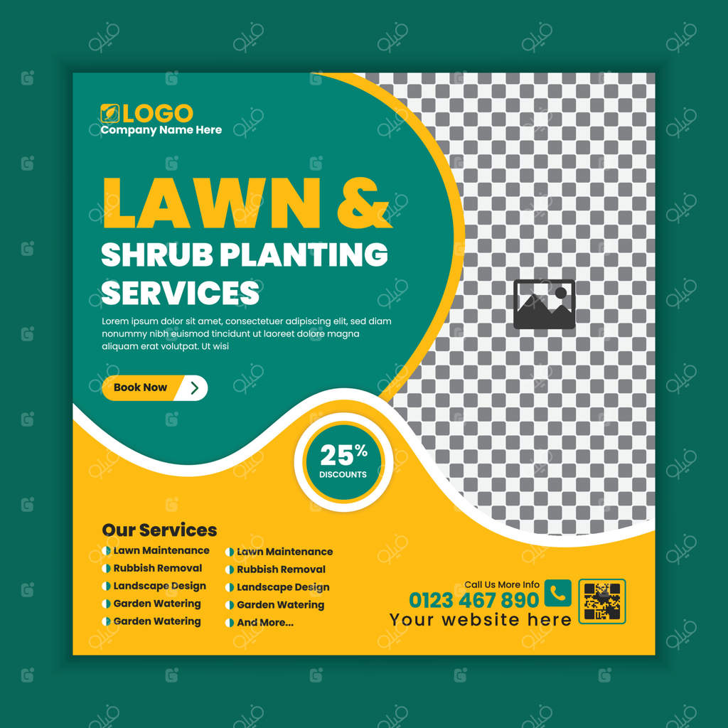 قالب پست شبکه‌های اجتماعی برای خدمات چمن‌زنی و محوطه‌سازی، طراحی بنر وب برای نگهداری باغ، خدمات فضای باز و قالب بنر مربعی بازاریابی آنلاین محوطه‌سازی سبز