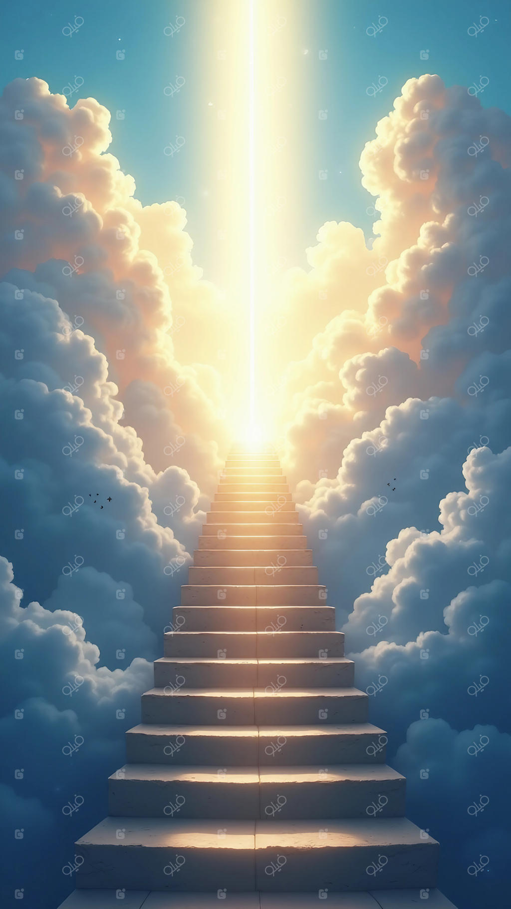 پلکانی به سوی بهشت در میان ابرها و نور درخشان خورشید
