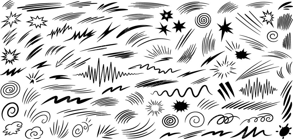 مجموعه‌ای از عناصر مشکی - ستاره‌ها، خطوط و تصاویر گرافیکی پویا