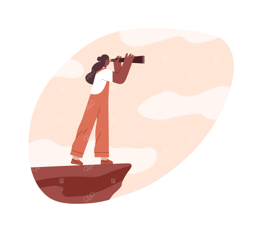 فردی که از دوربین به چالش‌های آینده نگاه می‌کند. مفهوم استراتژی و چشم‌انداز. زنی در جستجوی ایده‌ها و فرصت‌های نو. تصویرسازی وکتور تخت روی زمینه سفید