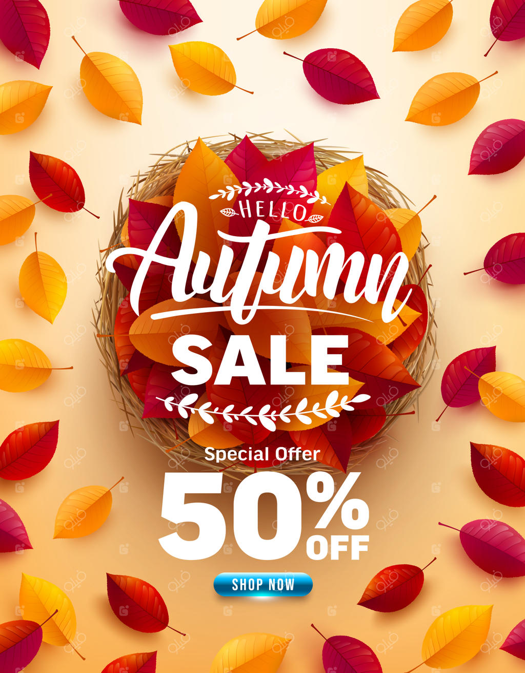 پوستر و بنر تخفیف پاییزه: نمای بالای سبدی با برگ‌های رنگارنگ پاییزی روی زمینه زرد. تبریک و هدیه برای فصل پاییز. قالب تبلیغاتی برای مفاهیم پاییزی.