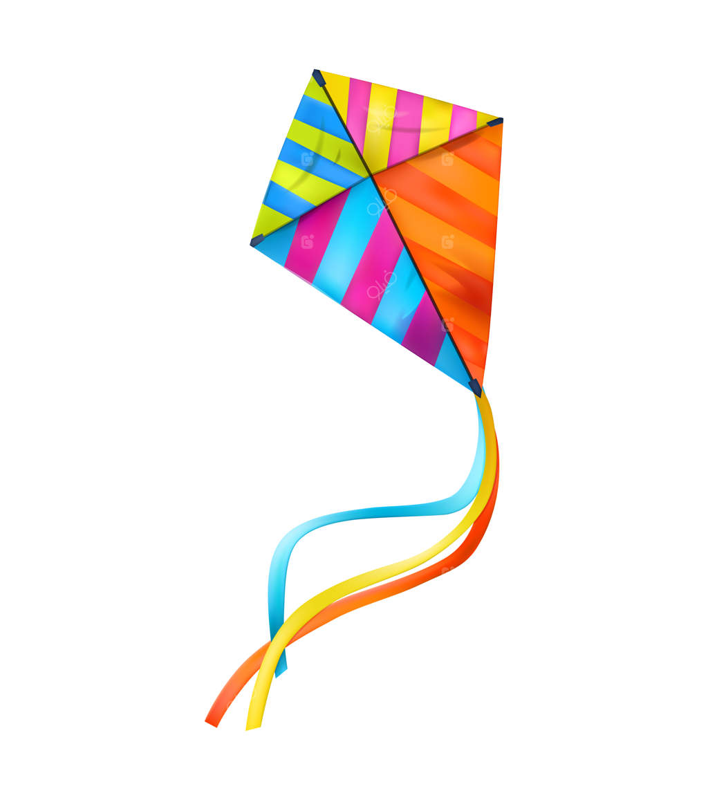 ترکیب واقعی بادبادک با تصویر واقعی بادبادک رنگارنگ روی پس‌زمینه خالی وکتوریکل نشان داده شده است.