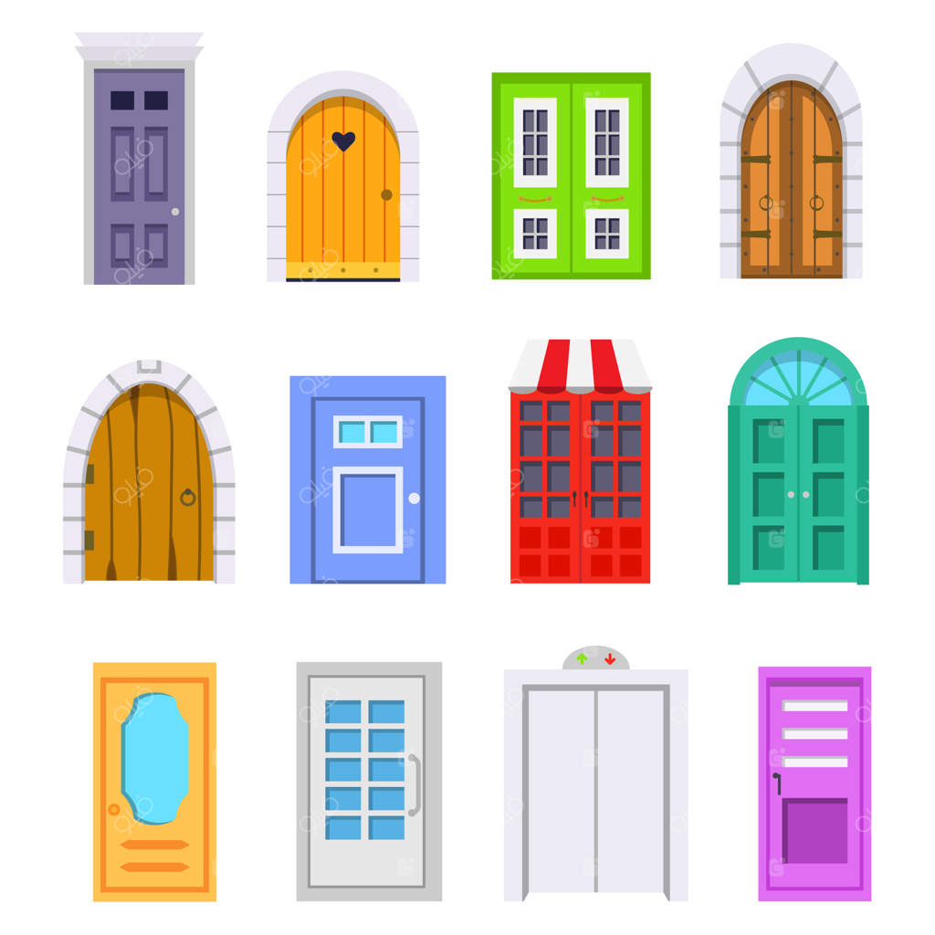 نمای جلوی در ورودی: المان‌های خانه و ساختمان به سبک کارتونی.