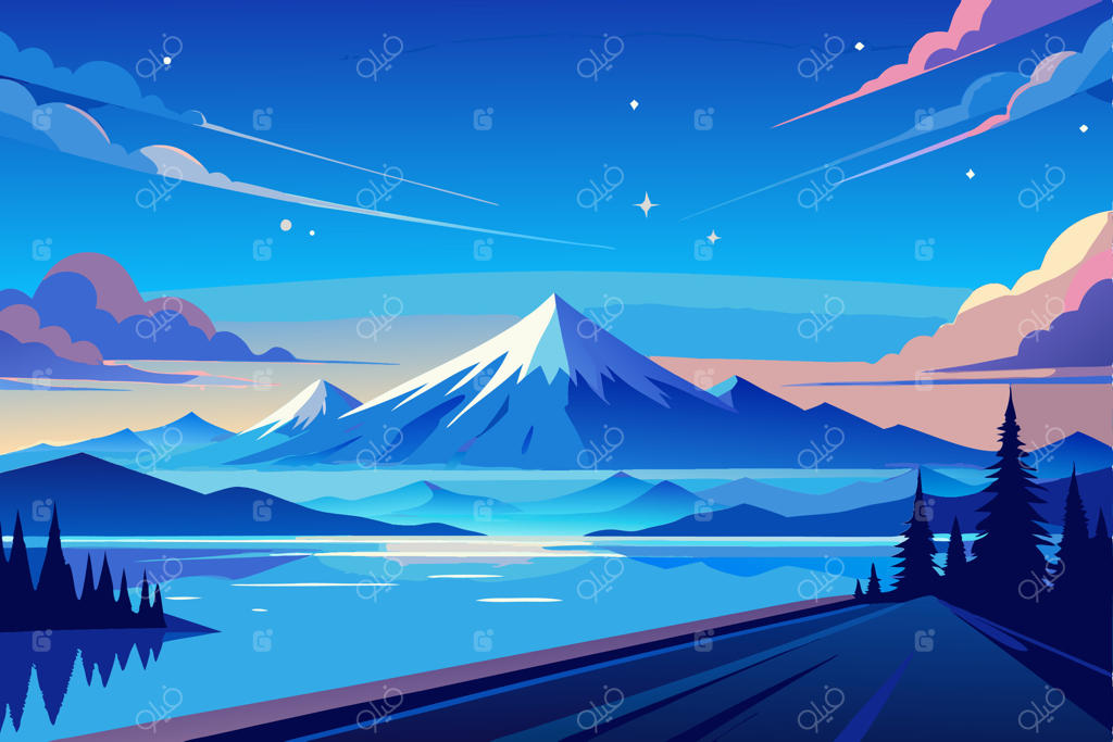 منظره‌ای از کوهستان با دریاچه و درختان