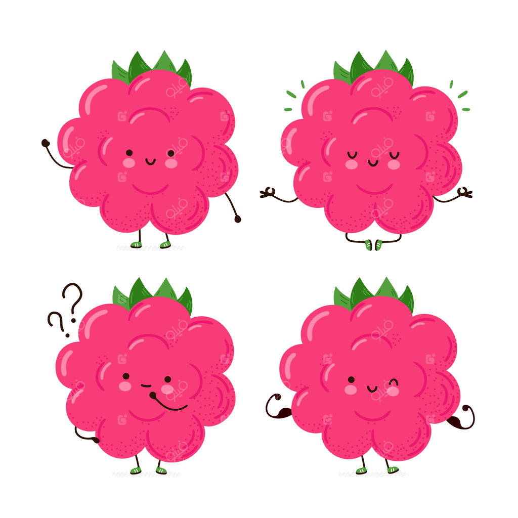 مجموعه بامزه و شادی‌آور تمشک. شخصیت‌های کارتونی به سبک طراحی دستی. زمینه سفید و جدا شده.