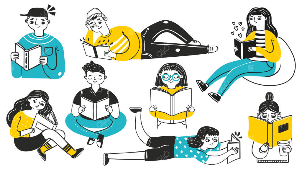 خواندن کتاب توسط افراد: زنان و مردان جوان در حالت‌های راحت از سرگرمی لذت می‌برند. دانشجویان در حال یادگیری با طرح دستی. مجموعه وکتور خوانندگان کتاب به سبک کارتونی. زنانی با کتاب، تصویرسازی مطالعه و ادبیات