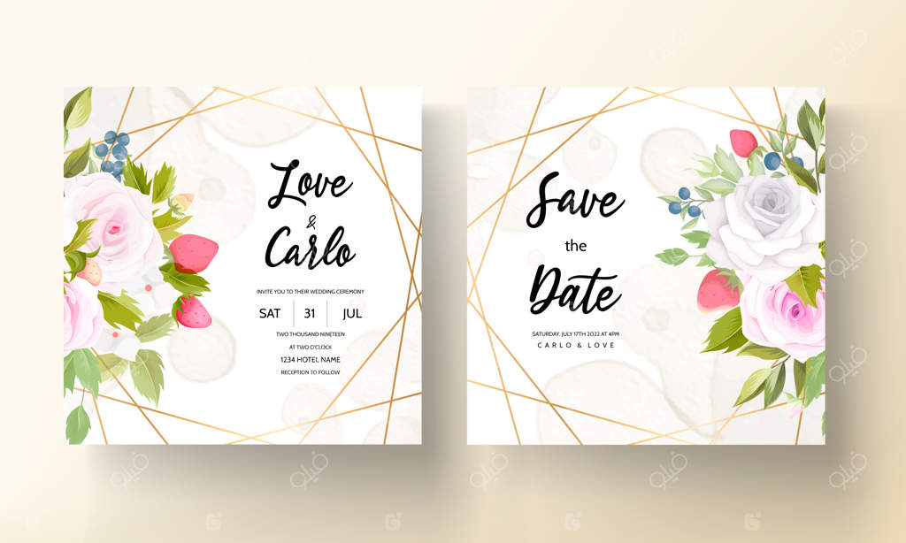 کارت دعوت عروسی با طراحی دستی زیبا از گل‌ها و میوه‌ها