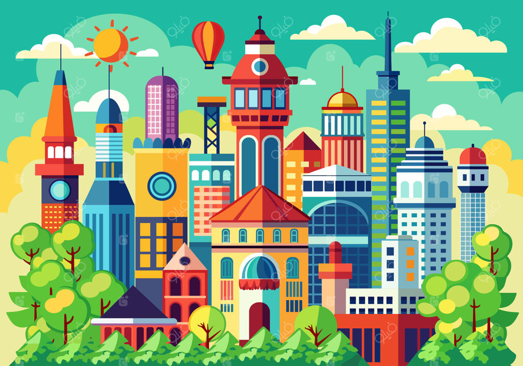 تصویرسازی منظره شهری زنده و رنگارنگ با بالن هوای گرم