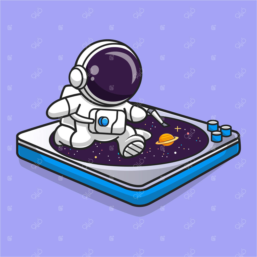 آیکون وکتور کارتونی فضانورد بامزه در حال دویدن بر روی صفحه موسیقی وینیل در فضای علمی و فناوری
