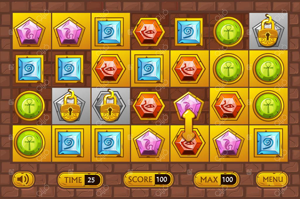 رابط کاربری بازی‌ها به سبک مصری: سنگ‌های گرانبهای رنگارنگ مصر، آیکون‌های دارایی بازی و دکمه‌های طلایی