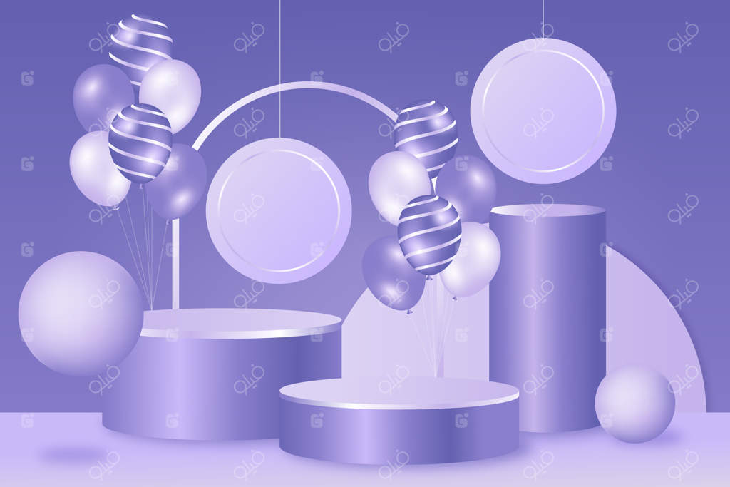 زمینه‌ای با تصویر پرچم بنفش و بادکنک ها در کنار پودیوم