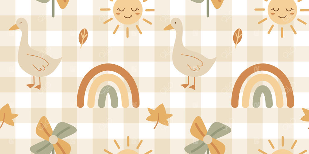 پترن یکپارچه و بوهو بچگانه با رنگ‌های ملایم، شامل رنگین‌کمان‌ها، خورشیدها و غازها