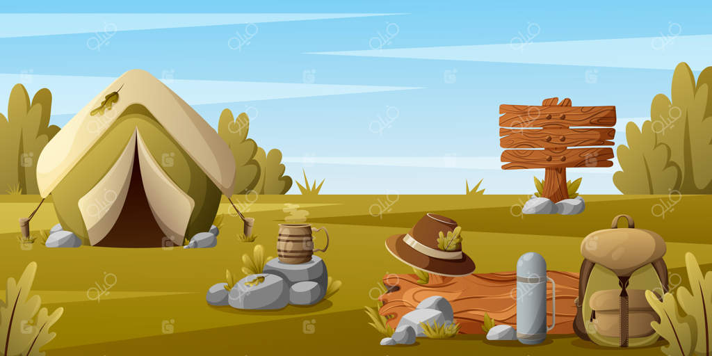 پس‌زمینه کمپینگ: چادر، نوشیدنی داغ در لیوان، فلاسک، کلاه، تخته چوبی و کنده - تصویر برداری وکتور