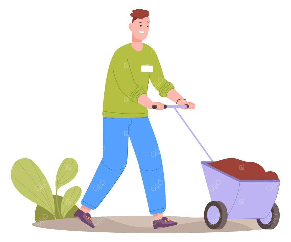 باغبانی داوطلبانه: مردی که چرخ‌دستی پر از خاک را حرکت می‌دهد