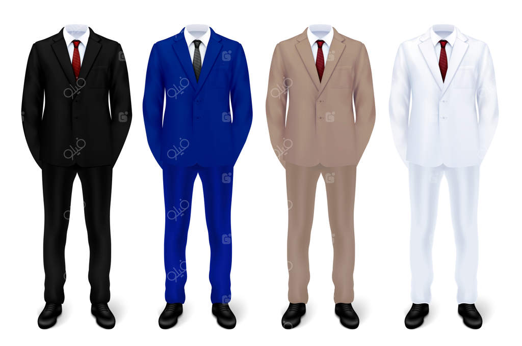 مجموعه لباس مردانه با چهار دست کت‌وشلوار شیک در رنگ‌های مختلف، شامل کت، شلوار، کفش و کراوات - تصویر طراحی شده