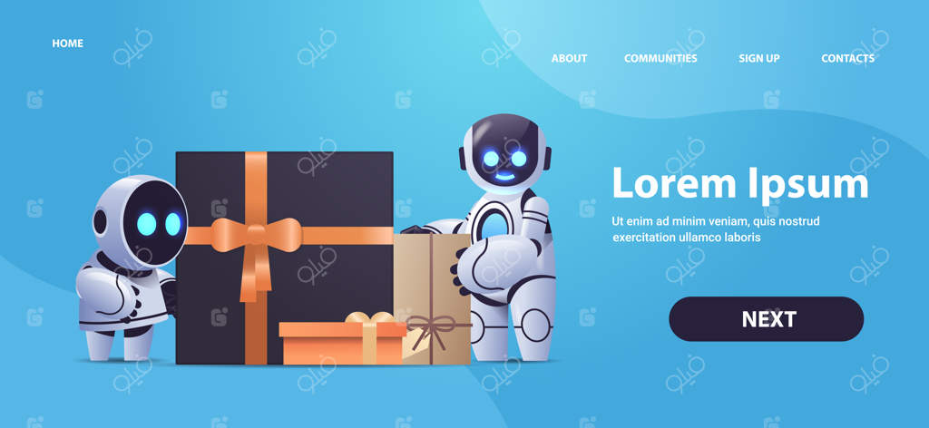 ربات‌ها در کنار هدایای بسته‌بندی‌شده، فناوری هوش مصنوعی