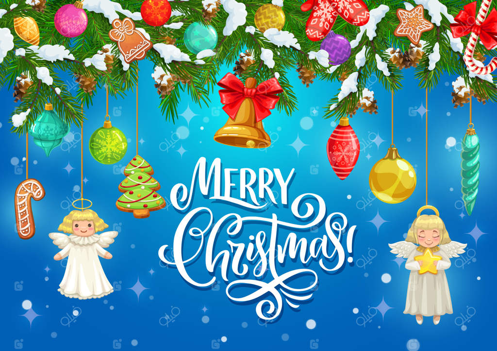 کارت تبریک با شاخه‌های درخت کریسمس و هدایای آویزان شده