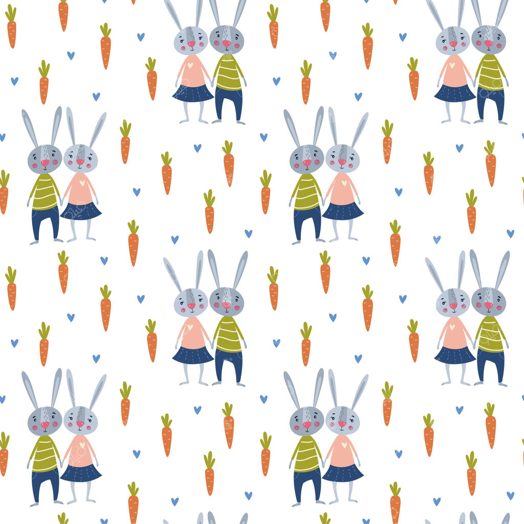 طرح بدون درز با خرگوش‌های کارتونی بامزه، هویج و قلب‌ها