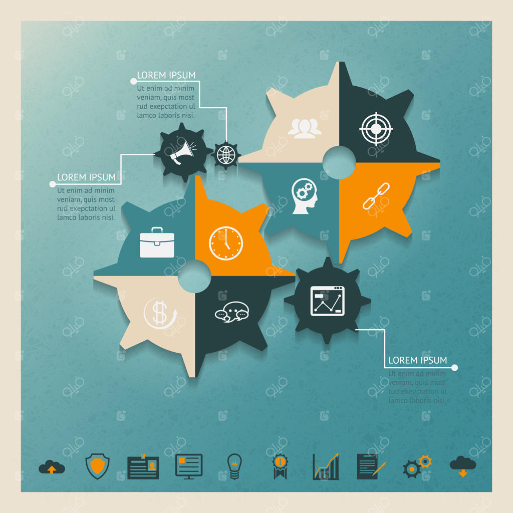 اینفوگرافیک دنده‌های وکتوری: مفهومی برای کسب‌وکار با آیکون‌ها و محل متن