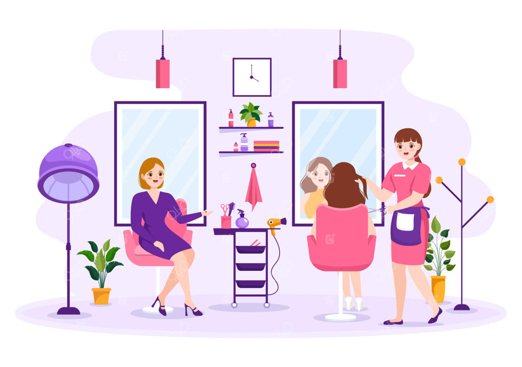 سالن آرایش با آرایشگر، کوتاهی مو، مراقبت از مو و مدل مو در سالن زیبایی یا آرایشگاه در قالب‌های طراحی دستی کارتونی ساده