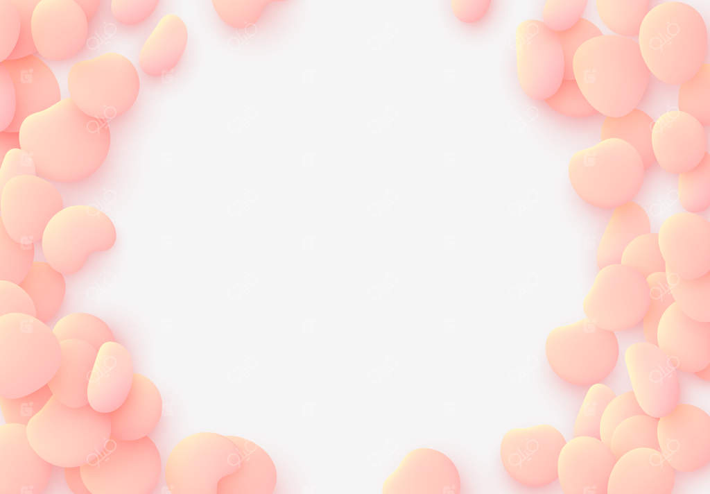 زمینه نرم و روشن صورتی: عناصر طراحی با اشکال پلاستیکی گرد و مایع، سنگ‌های صاف دریایی، حباب‌های پاشیده مایع. اشیاء سیال سه‌بعدی. پترن مدرن و انتزاعی از مواد آلی