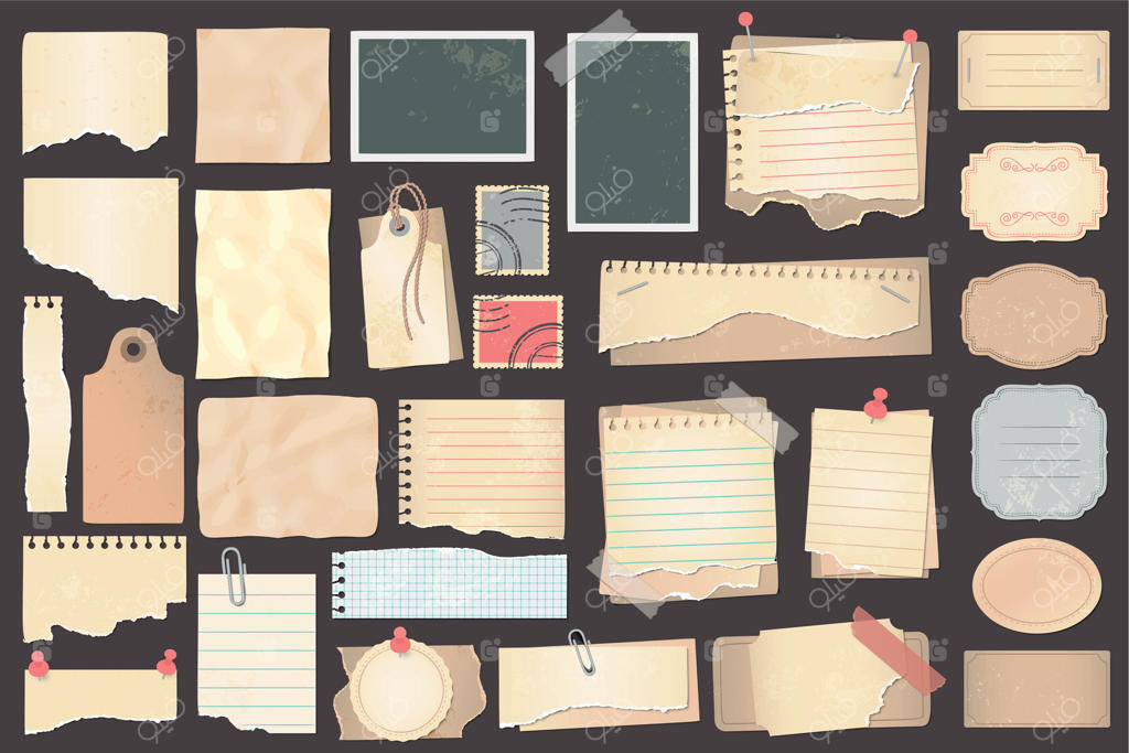 تکه‌های کاغذ قدیمی، تمبرها و برچسب‌ها. صفحات پاره‌ شده‌ کلاسیک با پونز و گیره کاغذ. برگ‌های دفترچه یادداشت
