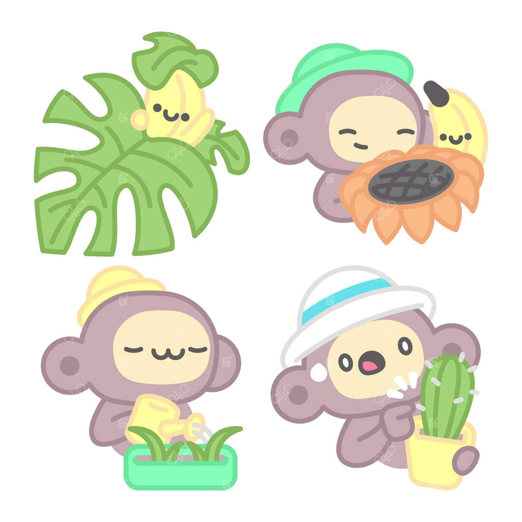 مجموعه برچسب‌های گیاهان و گل‌ها همراه با میمون و موز