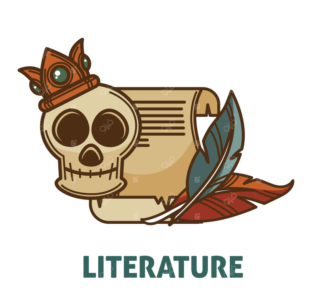 کتاب قدیمی ادبیات و شعر با نماد جمجمه برای طراحی کتابفروشی یا کتابخانه