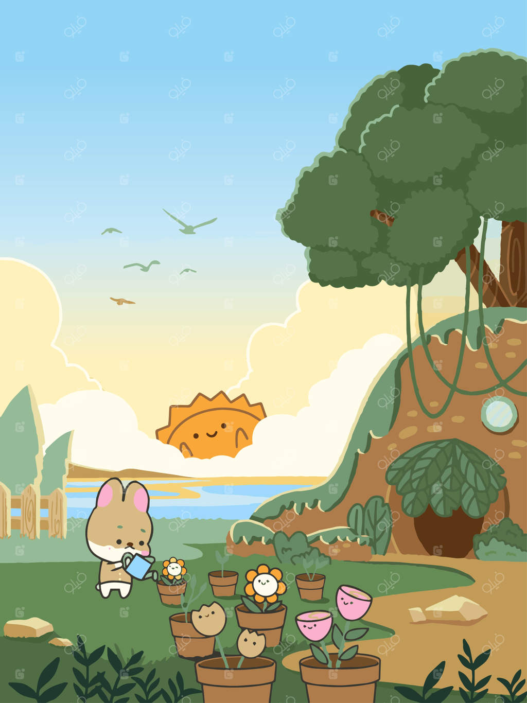 آبیاری گیاهان در عصر با خرگوش‌ها.