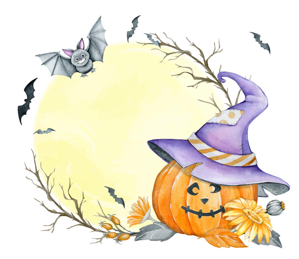 ماه، کدو در کلاه، شاخه‌ها و گل‌ها، تصویرسازی آبرنگ در سبک کارتونی بر روی پس‌زمینه‌ای جدا برای تعطیلات هالووین