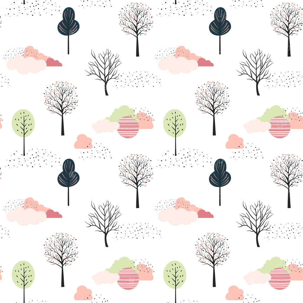 الگوی یکپارچه درختان بامزه. کاغذ دیواری اسکاندیناویایی با درختان و ابرها. پس‌زمینه‌ای خیال‌انگیز و کودکانه.
