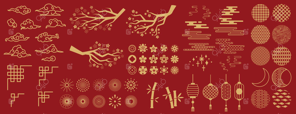 عناصر آسیایی: دکور جشن چینی با الگوهای طلایی و تزئینات گل‌دار، فانوس‌ها، ابرها و ماه، شاخه گل ساکورا مجموعه وکتور شرقی