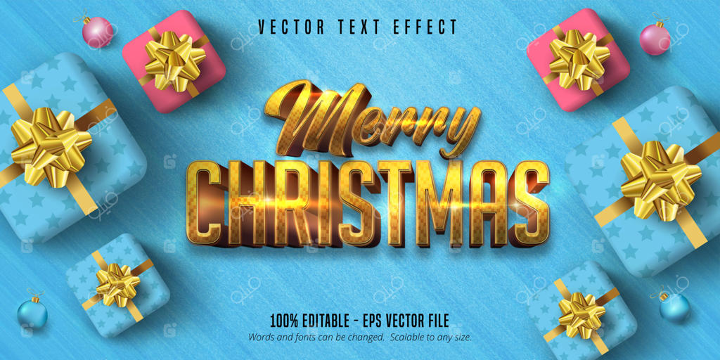 متن کریسمس مبارک، افکت متنی قابل ویرایش با سبک کریسمس طلایی درخشان