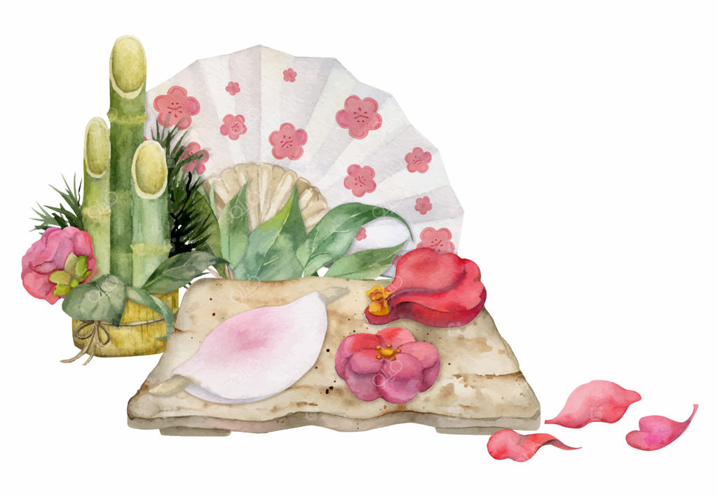 طرح نقاشی آبرنگی دسرهای سنتی ژاپنی روی ظرف سرامیکی با طراحی ویگاشی گل کاملیا زمستانی - مناسب برای دعوت‌نامه، منوی رستوران، کارت تبریک و چاپ روی پارچه