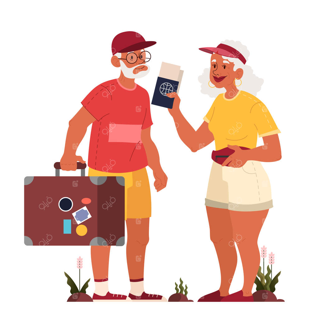 گردشگران سالمند با چمدان و کیف دستی: مجموعه‌ای از شخصیت‌های سالخورده در سفر. مفهوم مسافرت و گردشگری