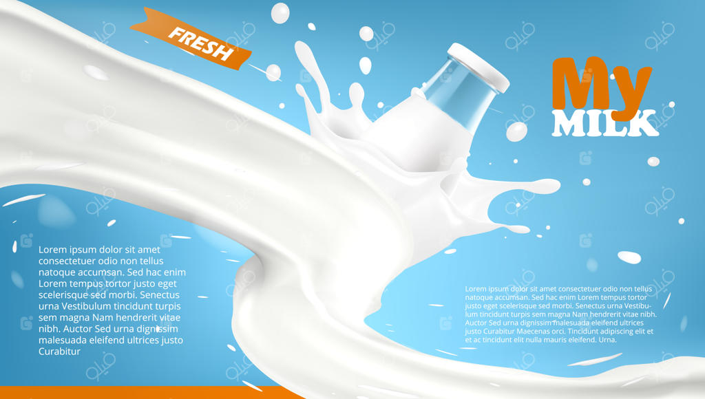 بطری شیشه‌ای واقعی در میان پاشش پیچیده شیر بر روی پس‌زمینه آبی