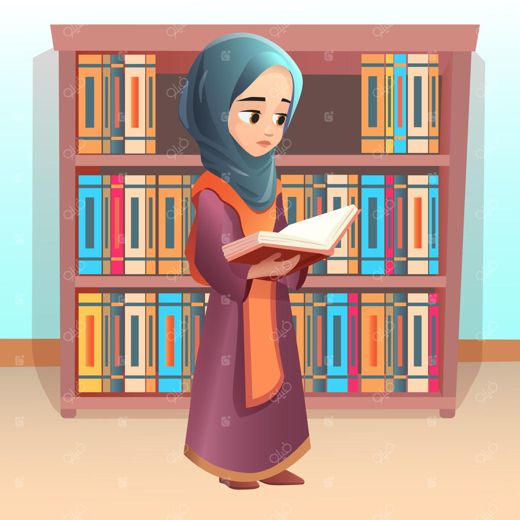 تصویر کارتونی دختر زیبای عرب در حال مطالعه کنار قفسه کتاب