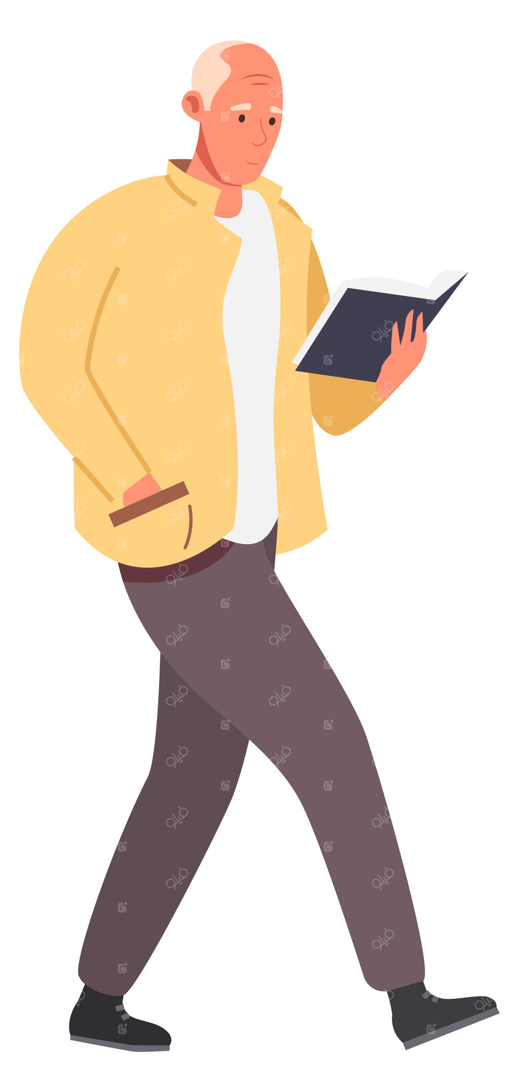 پیرمردی که در حال قدم زدن و کتاب خواندن است، عاشق کتاب