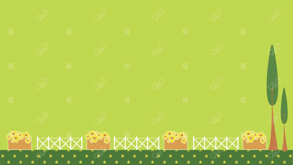 ایلوستریشن به سبک تخت از باغ آرام با درختان، بوته‌ها و فضای سبز، ایجاد کننده صحنه‌ای آرام در فضای باز