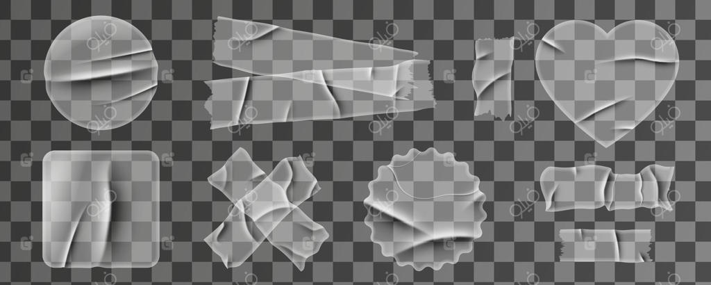 ست نوار چسب شفاف. چسب نواری برای قاب. تکه‌های پاره شده نوار چسب کاغذی با چروک‌های مختلف در اشکال دایره، قلب و مربع