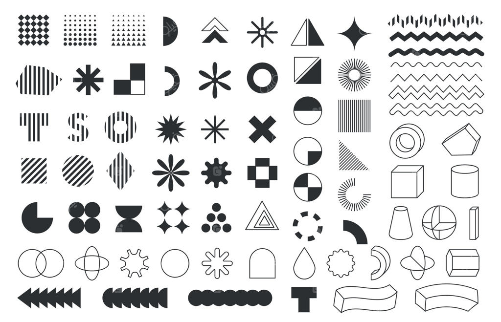 اشکال هندسی رترو: خطوط و دایره‌های مینیمال برای طراحی مدرن، الگوی موزاییک و نقش‌ و نگارها. مجموعه برداری