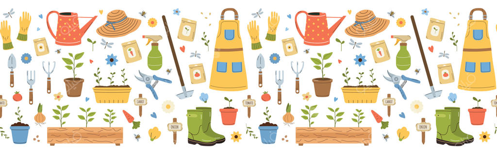 پترن حاشیه‌ای ابزار باغبانی. ابزار مزرعه یا کاشت. تصویرسازی کارتونی ساده. گرافیک کشاورزی برای بنر و برچسب‌ها.