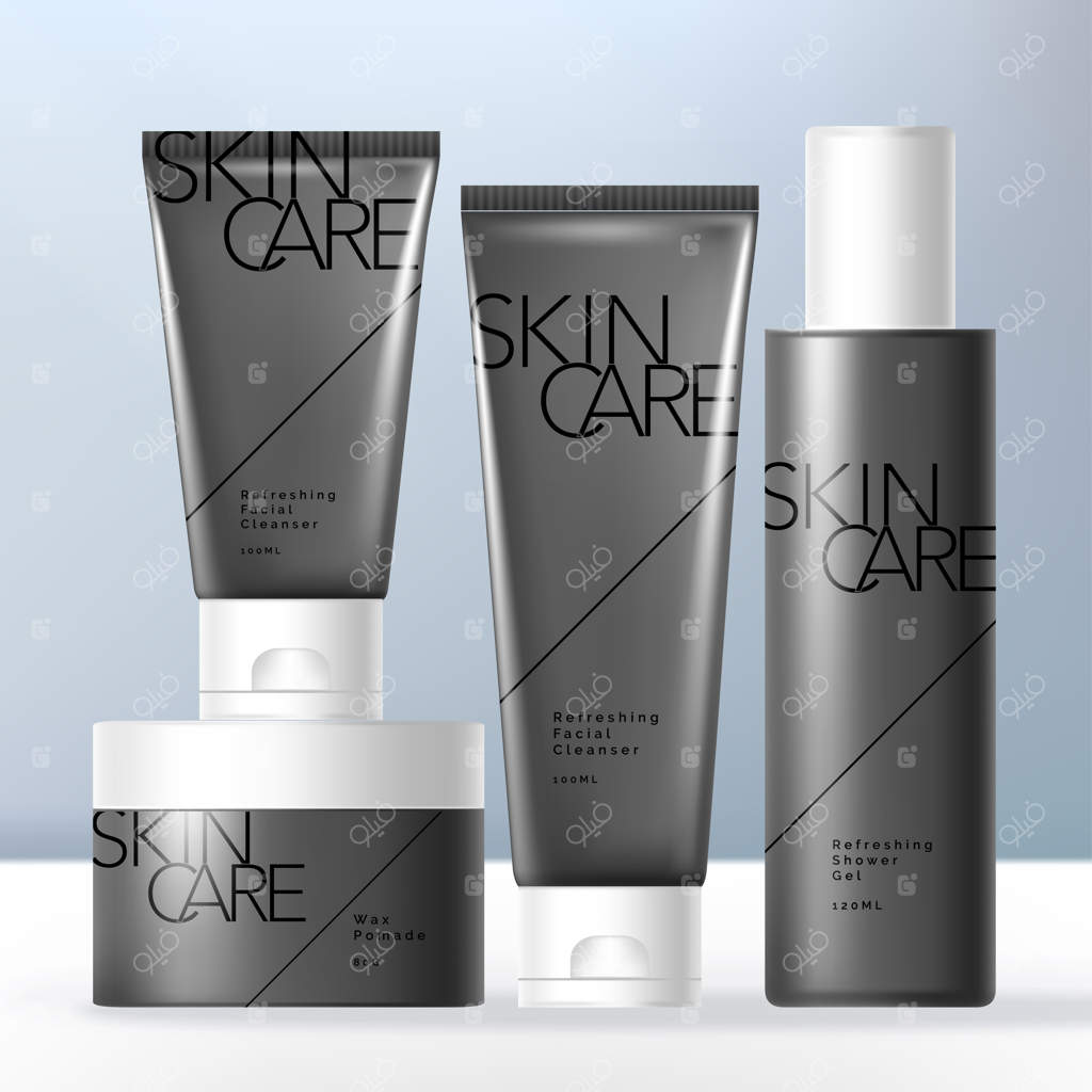 بسته‌بندی لوازم بهداشتی مردانه با شیشه، بطری و تیوپ مشکی مات