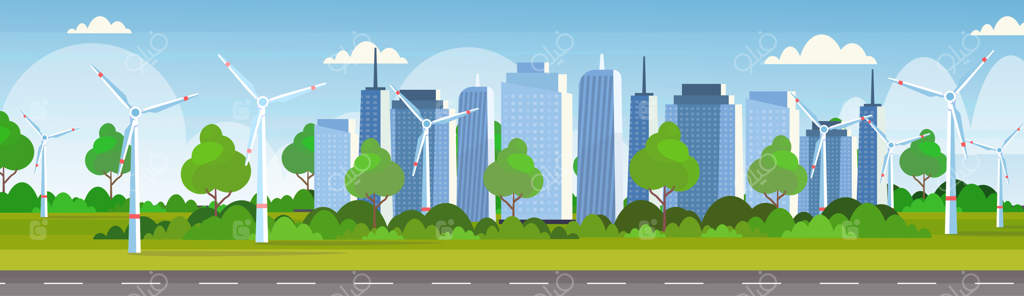 توربین‌های بادی: منبع تمیز انرژی جایگزین در پس‌زمینه‌ای از آسمان‌خراش‌های شهر مدرن