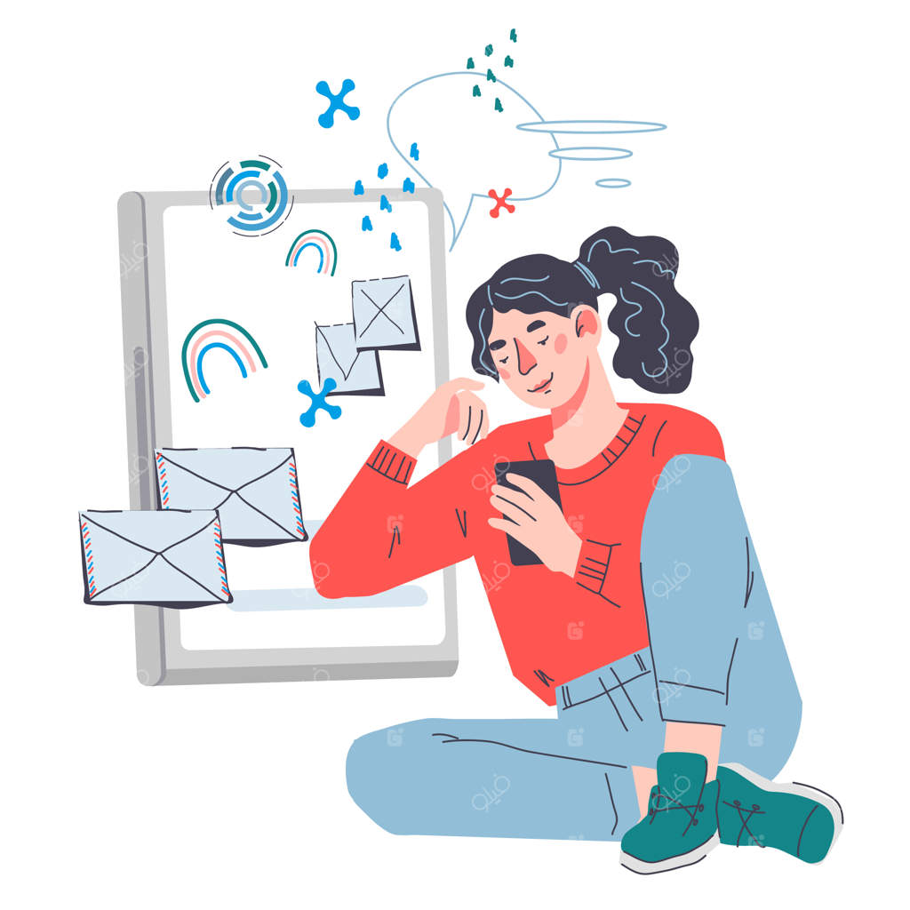 زنی در حال دریافت ایمیل و ارسال پیام‌ها به‌صورت آنلاین: خدمات پستی آنلاین یا اخبار موبایل و سرویس ایمیل