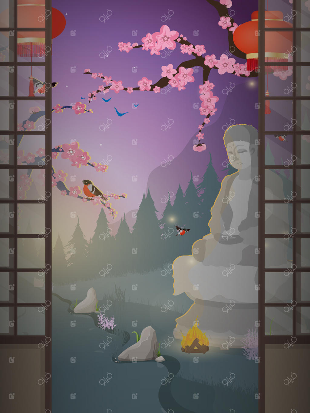 اتاقی با درهای کشویی سنتی ژاپنی - تصویر بنر افقی وکتور