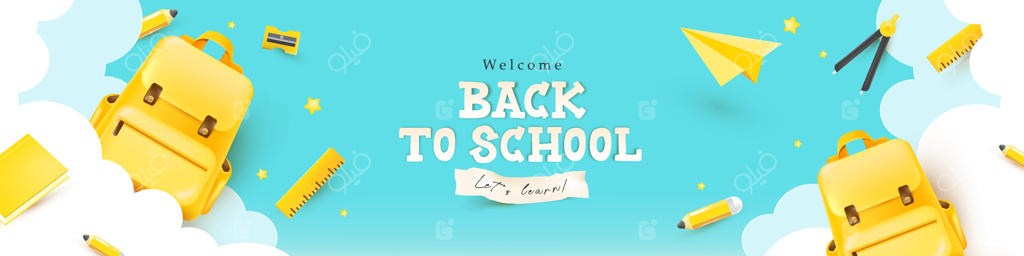 بنر بازگشت به مدرسه با طراحی نوشتار شاد و لوازم تحریر با پس‌زمینه آسمان و ابرها برای آموزش و تبلیغات