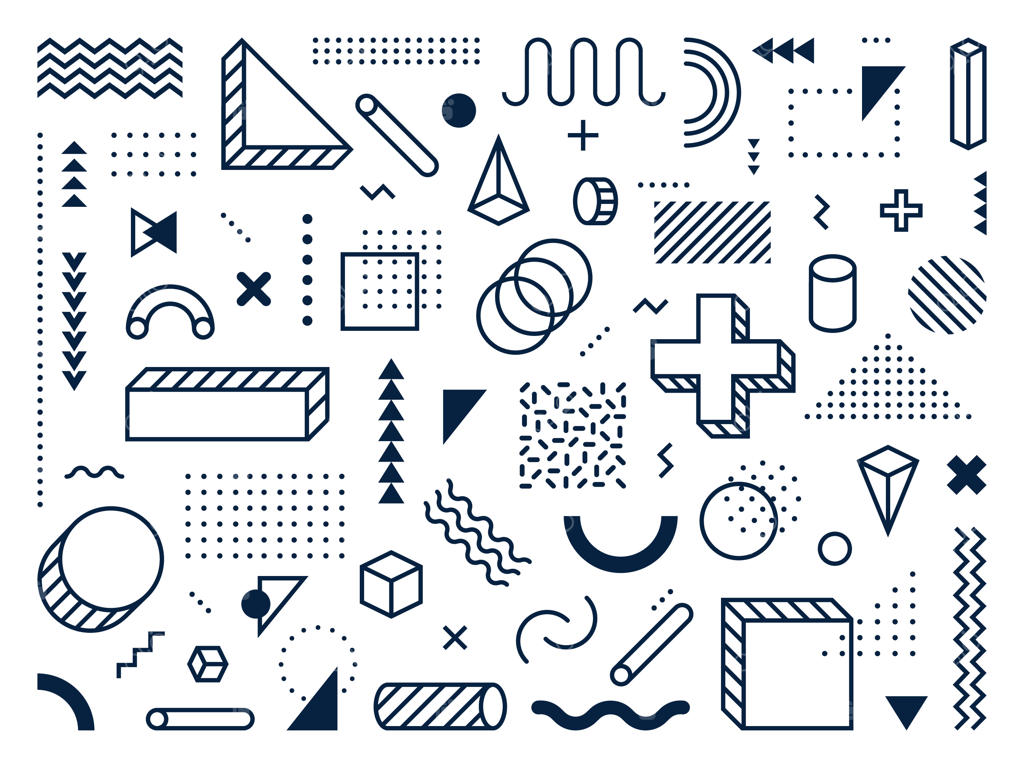 اشکال هندسی انتزاعی: دایره، مثلث و مکعب در طرح‌های مد روز ممفیس با خطوط و الگوهای نقطه‌ای. مجموعه وکتور