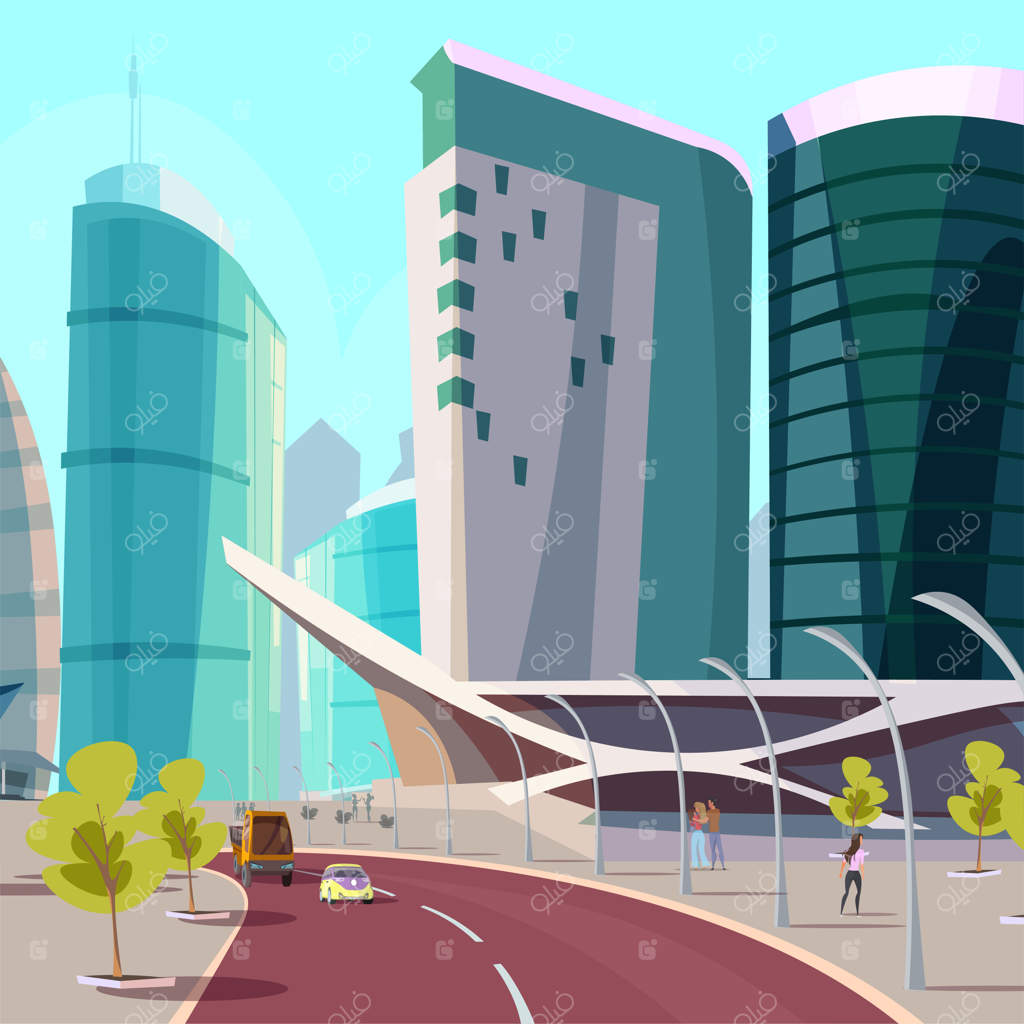 چشم‌انداز مدرن شهری با ساختمان‌های بلند و آپارتمان‌های مجهز، نمای خارجی شیشه‌ای، خیابان پررفت‌وآمد و عابران پیاده