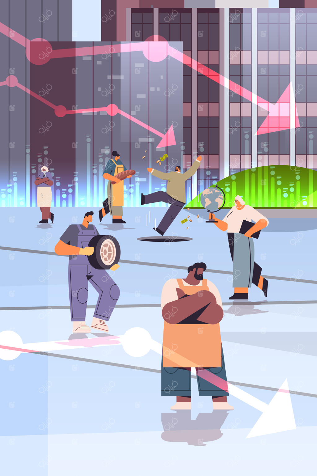 مفهوم فروپاشی اقتصاد: سقوط مردم با شغل‌های مختلف به چاله‌های باز - بحران مالی جهانی و ورشکستگی (تصویر عمودی)